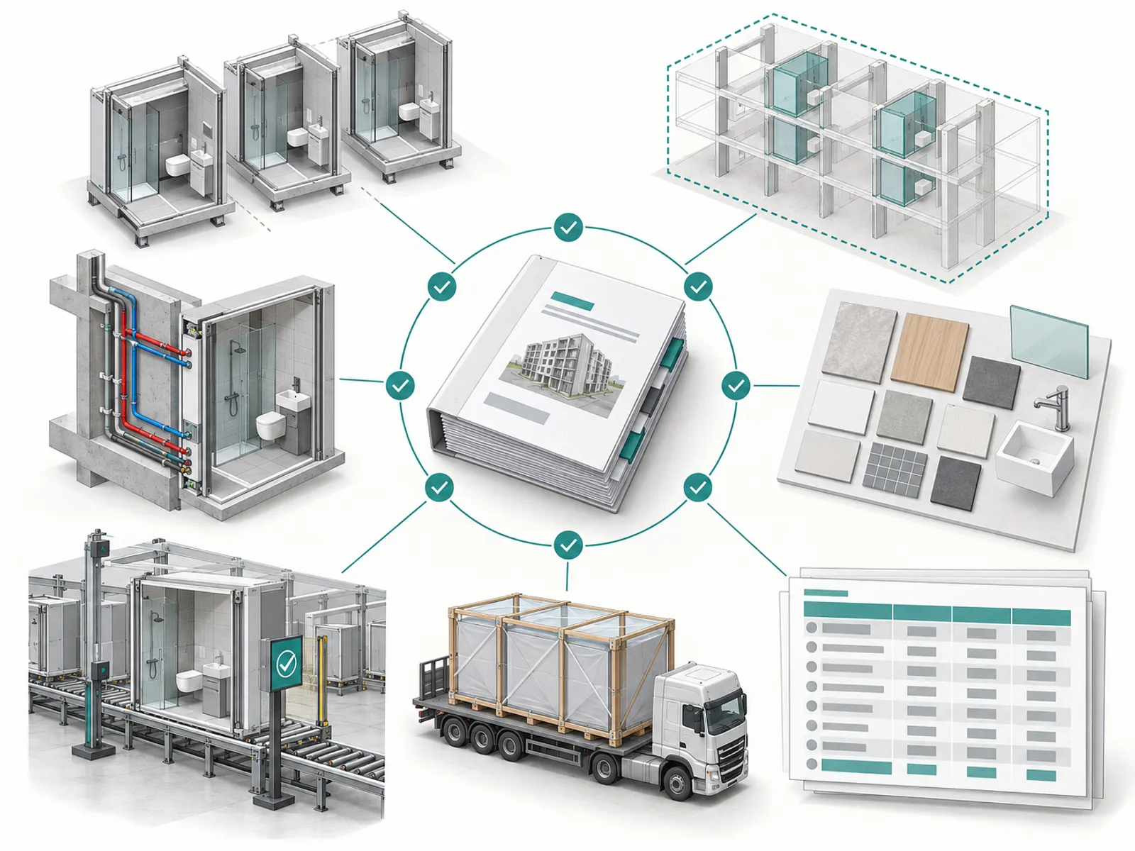 Schematische Darstellung einer Fertigbad-Ausschreibung mit Typen, Scope, Haustechnik, QA und Logistik
