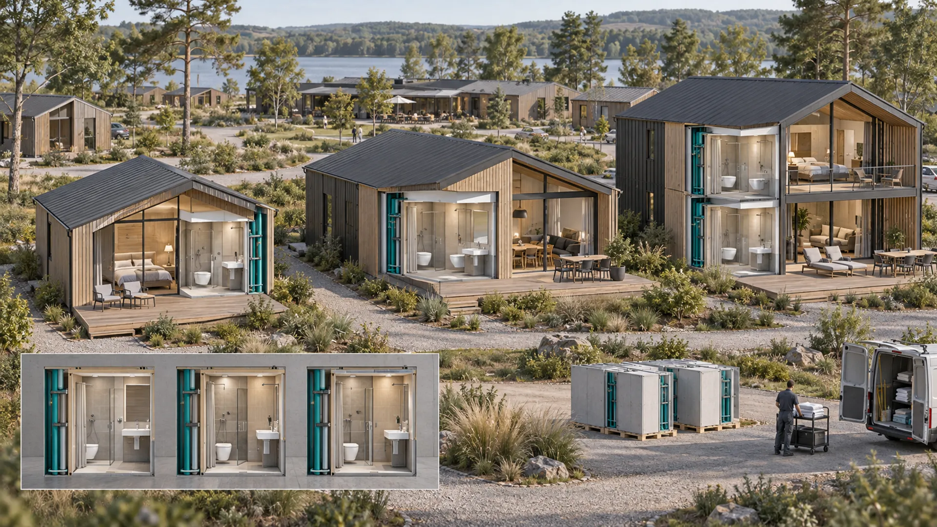 Standardisierte Fertigbad-Kerne in mehreren Lodge-Typen eines professionell betriebenen Ferienparks