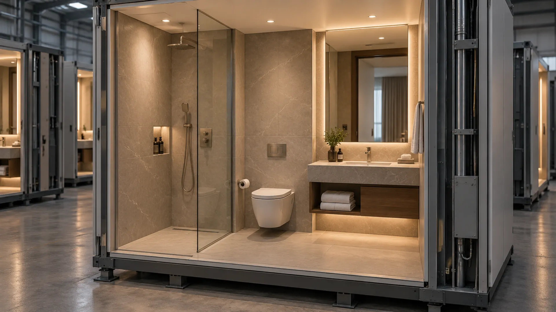 Hochwertiges Fertigbad-Modul für ein serielles Hotelprojekt