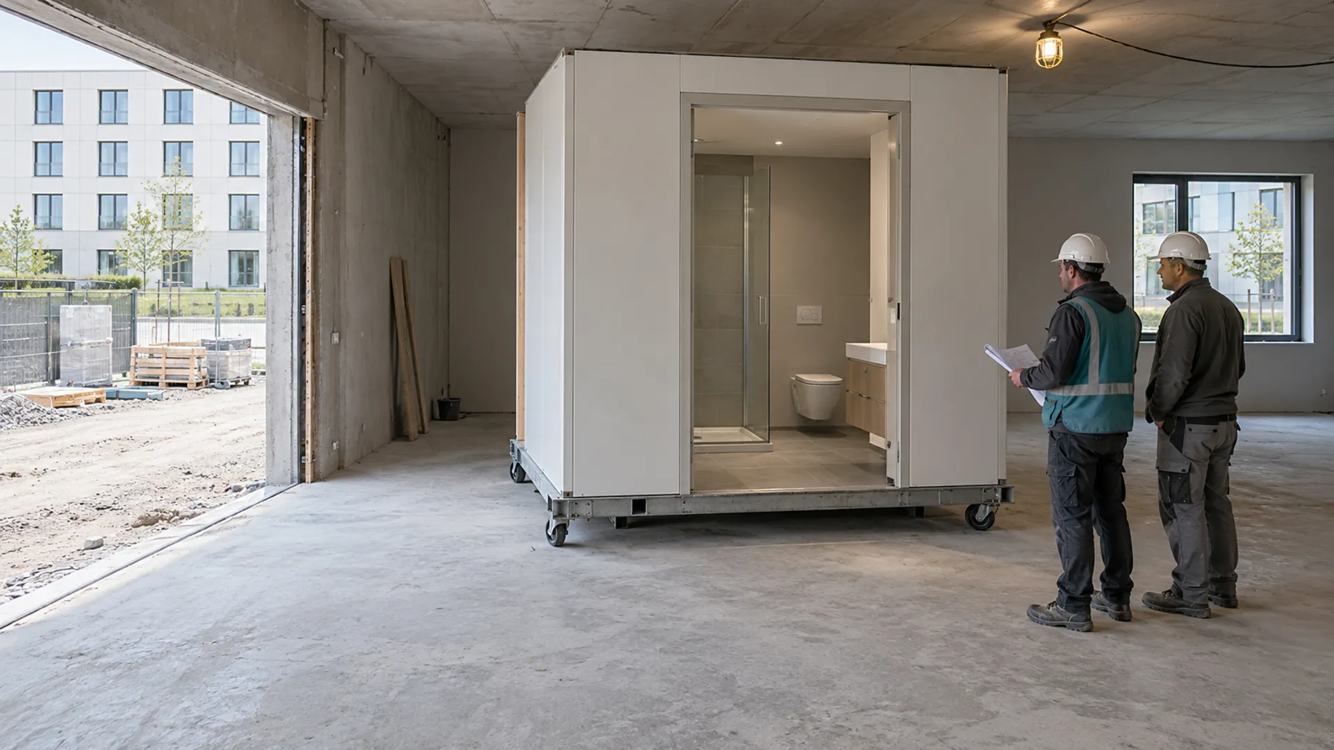 Badmodul auf einem Transportfahrwerk im leeren Rohbau einer ebenerdigen Hotelerweiterung