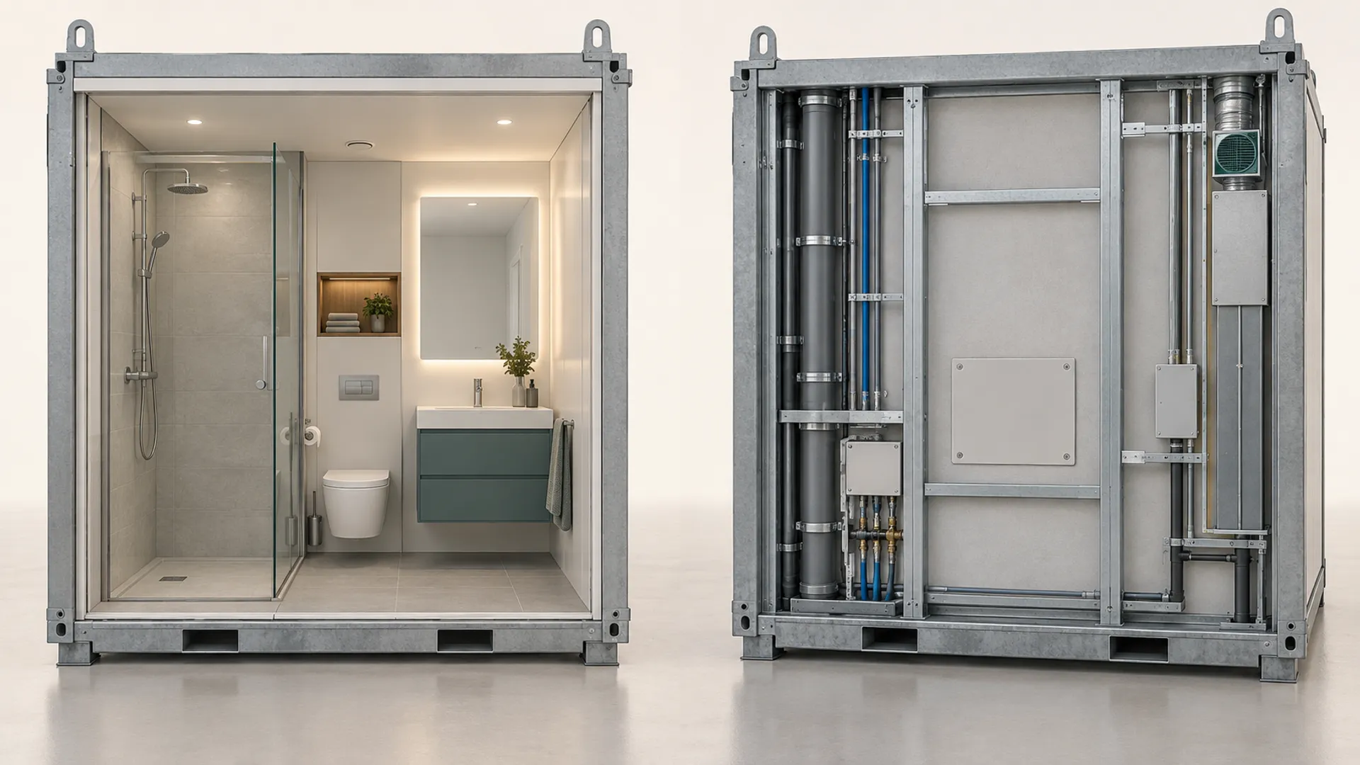 Vergleich von fertigem Badinnenraum und technischer Außenhülle eines Fertigbad-Moduls