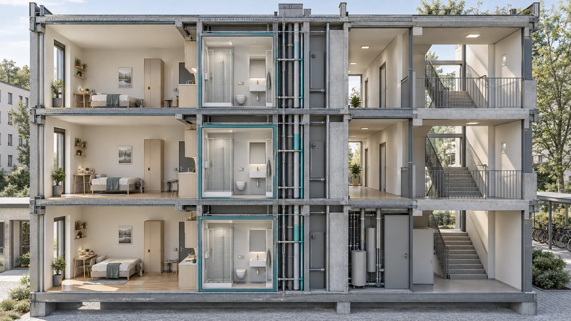 Wiederholbare Fertigbad-Module in einem dauerhaften Mitarbeiterwohnprojekt mit kompakten Studios