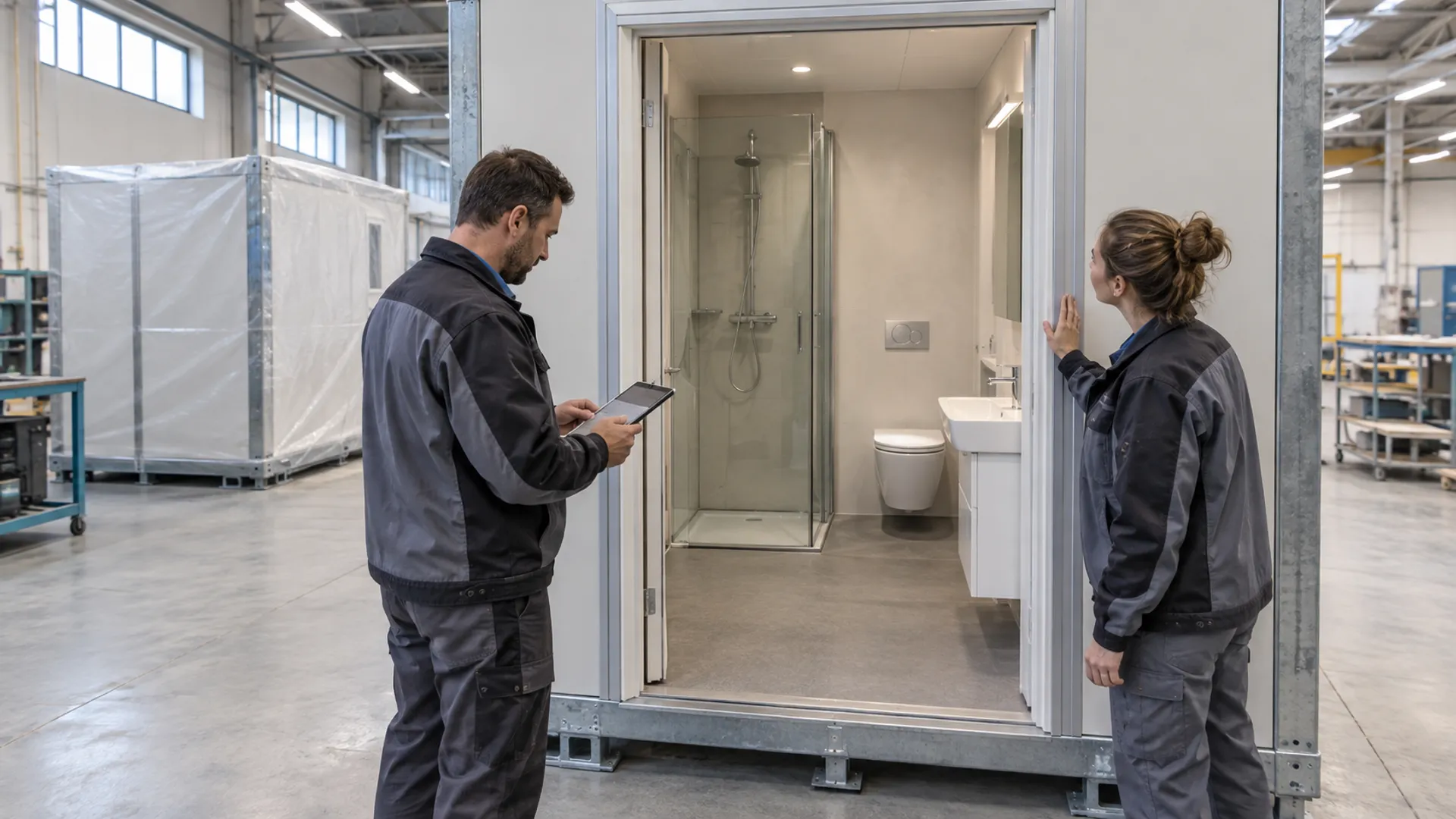 Zwei Personen bei einer illustrativen Sichtprüfung am Eingang eines Fertigbad-Moduls im Werk