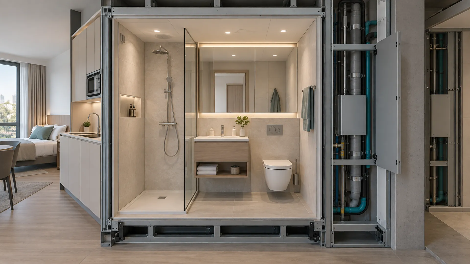 Fertigbad-Modul für Serviced Apartments, Boarding Houses und Aparthotels mit wartungsfreundlichem Ausbau
